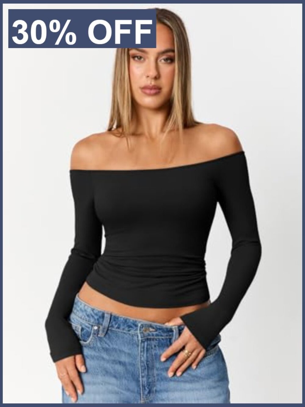 Off Shoulder Long Sleeve Crop Top Y2K Fitted T Shirt Going Out Date Night - Picture 2 of 6